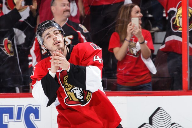OTTAWA, ON - APRIL 29:  The first star of the game Jean-Gabriel Pageau #44 of the Ottawa Senators skates onto the ice after scoring an overtime goal and four goals against the New York Rangers in Game Two of the Eastern Conference Second Round during the 2017 NHL Stanley Cup Playoffs at Canadian Tire Centre on April 29, 2017 in Ottawa, Ontario, Canada.  (Photo by Jana Chytilova/Freestyle Photography/Getty Images)
