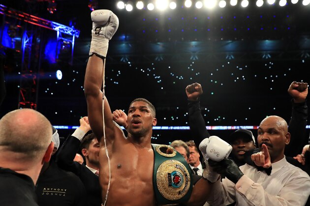 LONDON, ENGLAND - APRIL 29:  Anthony Joshua celebrates victory over Wladimir Klitschko in the IBF, WBA and IBO Heavyweight World Title bout   at Wembley Stadium on April 29, 2017 in London, England.  (Photo by Richard Heathcote/Getty Images)