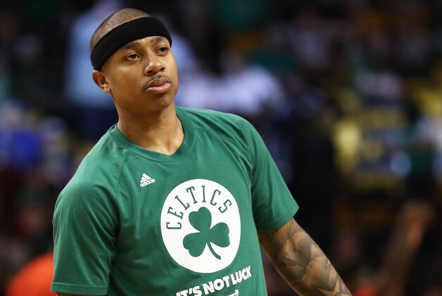 BOSTON, MA - APRIL 26: Isaiah Thomas #4 of the Boston Celtics looks on during half time of Game Five of the Eastern Conference Quarterfinals against the Chicago Bulls at TD Garden on April 26, 2017 in Boston, Massachusetts. NOTE TO USER: User expressly acknowledges and agrees that, by downloading and or using this Photograph, user is consenting to the terms and conditions of the Getty Images License Agreement. (Photo by Maddie Meyer/Getty Images)