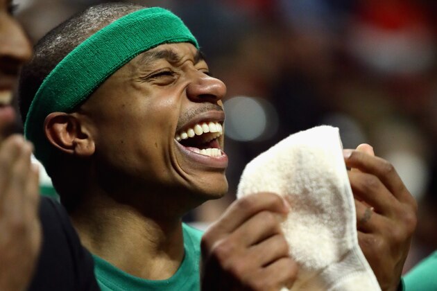CHICAGO, IL - APRIL 28:    Isaiah Thomas #4 of the Boston Celtics enjoys himself on the bench in the fourth quarter against the Chicago Bulls during Game Six of the Eastern Conference Quarterfinals during the 2017 NBA Playoffs at the United Center on April 28, 2017 in Chicago, Illinois. The Celtics defeated the Bulls 105-83. (Photo by Jonathan Daniel/Getty Images)