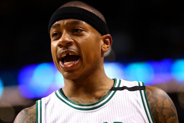 BOSTON, MA - APRIL 30: Isaiah Thomas #4 of the Boston Celtics reacts during the second quarter of Game One of the Eastern Conference Semifinals against the Washington Wizards at TD Garden on April 30, 2017 in Boston, Massachusetts. Thomas lost his front tooth after colliding with Otto Porter Jr. #22. NOTE TO USER: User expressly acknowledges and agrees that, by downloading and or using this Photograph, user is consenting to the terms and conditions of the Getty Images License Agreement. (Photo by Maddie Meyer/Getty Images)