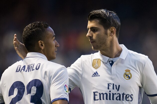 LA CORUNA, SPAIN - APRIL 26:  Alvaro Morata of Real Madrid celebrates with his teammate Danilo of Real Madrid after scoring the opening goal during the La Liga match between RC Deportivo La Coruna and Real Madrid at Riazor Stadium on April 26, 2017 in La Coruna, Spain.  (Photo by Juan Manuel Serrano Arce/Getty Images)