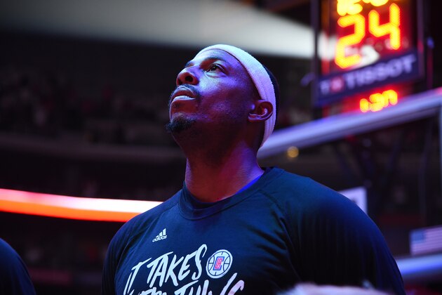 LOS ANGELES, CA - APRIL 30:  Paul Pierce #34 of the LA Clippers stands for the National Anthem before Game Seven of the Western Conference Quarterfinals of the 2017 NBA Playoffs on April 30, 2017 at STAPLES Center in Los Angeles, California. NOTE TO USER: User expressly acknowledges and agrees that, by downloading and/or using this photograph, user is consenting to the terms and conditions of the Getty Images License Agreement. Mandatory Copyright Notice: Copyright 2017 NBAE (Photo by Andrew D. Bernstein/NBAE via Getty Images)