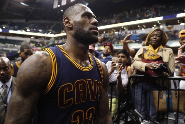 Apr 23, 2017; Indianapolis, IN, USA; Cleveland Cavaliers forward LeBron James (23) walks off the floor to the locker room after winning against the Indiana Pacers in game four of the first round of the 2017 NBA Playoffs at Bankers Life Fieldhouse. Cleveland defeats Indiana 106-102. Mandatory Credit: Brian Spurlock-USA TODAY Sports