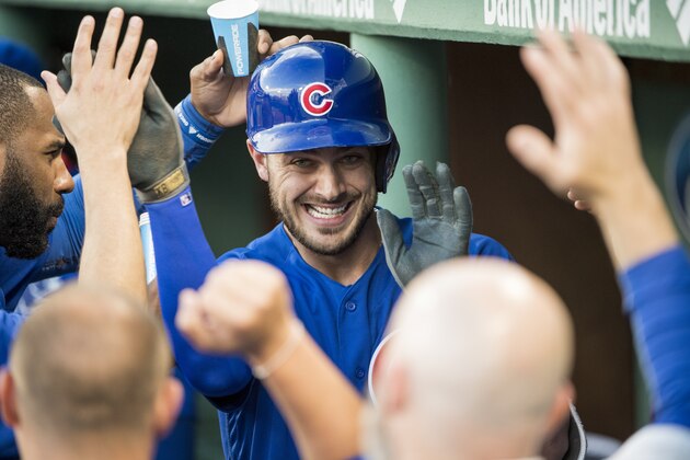 BOSTON, MA - APRIL 28:   Kris Bryant #17 of the Chicago Cubs reacts after a home run against the Boston Red Sox in the first inning at Fenway Park on April 28:, 2017 in Boston, Massachusetts. (Photo by Michael Ivins/Boston Red Sox/Getty Images)