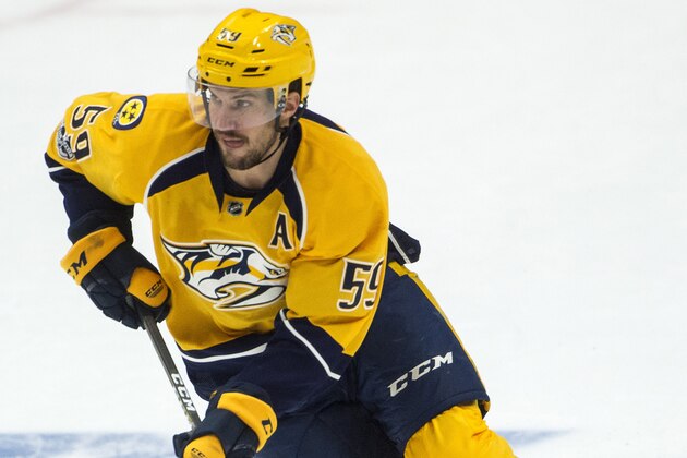 NASHVILLE, TN - APRIL 17:  Roman Josi #59of the Nashville Predators skates against the Chicago Blackhawks in Game Three of the Western Conference First Round during the 2017 NHL Stanley Cup Playoffs at Bridgestone Arena on April 17, 2017 in Nashville, Tennessee. (Photo by Ronald C. Modra/NHL/Getty Images)