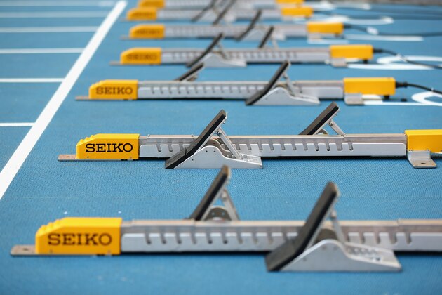 MOSCOW, RUSSIA - AUGUST 08: Starting blocks are seen at Luzhniki Stadium ahead of the 14th IAAF World Athletics Championships Moscow 2013 on August 8, 2013 in Moscow, Russia.  (Photo by Cameron Spencer/Getty Images)