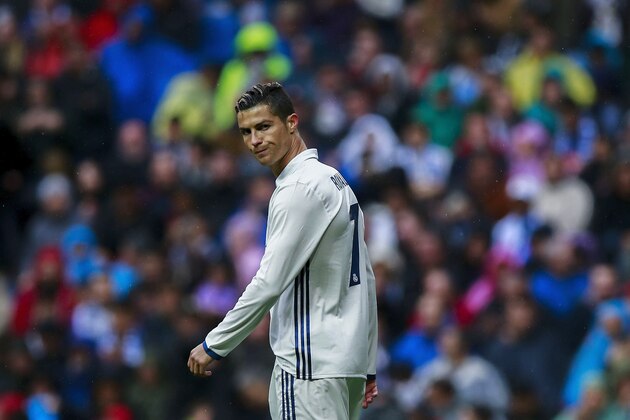 MADRID, SPAIN - APRIL 29: Cristiano Ronaldo of Real Madrid CF reacts during the La Liga match between Real Madrid CF and Valencia CF at Estadio Santiago Bernabeu on April 29, 2017 in Madrid, Spain.  (Photo by Gonzalo Arroyo Moreno/Getty Images)