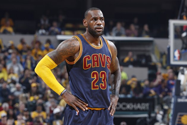 INDIANAPOLIS, IN - APRIL 23: LeBron James #23 of the Cleveland Cavaliers looks on against the Indiana Pacers in Game Four of the Eastern Conference Quarterfinals during the 2017 NBA Playoffs at Bankers Life Fieldhouse on April 23, 2017 in Indianapolis, Indiana. The Cavaliers defeated the Pacers 106-102 to sweep the series 4-0. NOTE TO USER: User expressly acknowledges and agrees that, by downloading and or using the photograph, User is consenting to the terms and conditions of the Getty Images License Agreement. (Photo by Joe Robbins/Getty Images)
