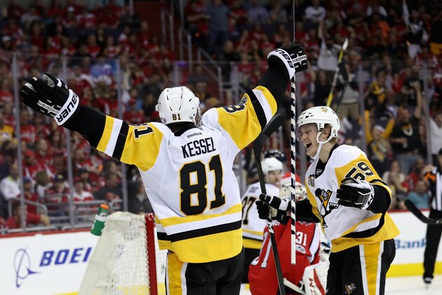 WASHINGTON, DC - APRIL 29: Phil Kessel #81 of the Pittsburgh Penguins celebrates with Jake Guentzel #59 after scoring a goal against the Washington Capitals in Game Two of the Eastern Conference Second Round during the 2017 NHL Stanley Cup Playoffs at Verizon Center on April 29, 2017 in Washington, DC.  (Photo by Rob Carr/Getty Images)