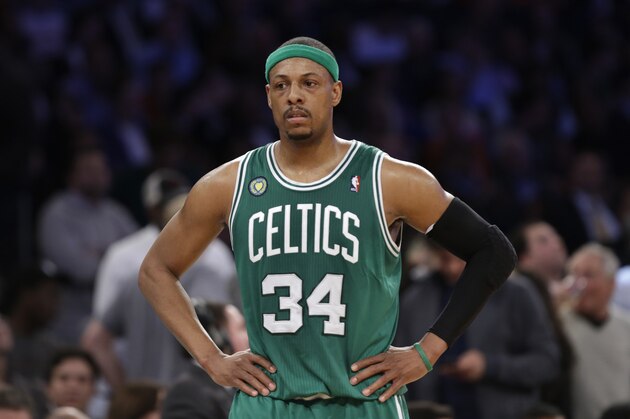 Boston Celtics forward Paul Pierce (34) reacts in the second half of Game 2 of their first-round NBA basketball playoff series against the New York Knicks in New York, Tuesday, April 23, 2013.  The Knicks defeated the Celtics  87-71 to go up 2-0 in their series. .(AP Photo/Kathy Willens)