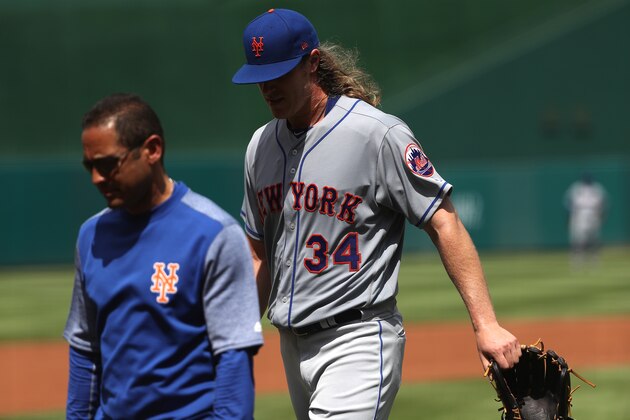 WASHINGTON, DC - APRIL 30: Starting pitcher Noah Syndergaard #34 of the New York Mets walks off of the field after an injury during the second inning against the Washington Nationals at Nationals Park on April 30, 2017 in Washington, DC. (Photo by Patrick Smith/Getty Images)