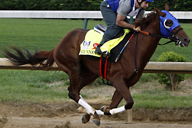 Kentucky Derby hopeful Gunnevera works out under exercise rider Victor O'Farrel at Churchill Downs in Louisville, Ky., Friday, April 28, 2017.  The 143rd Kentucky Derby horse race is May 6. (AP Photo/Garry Jones)