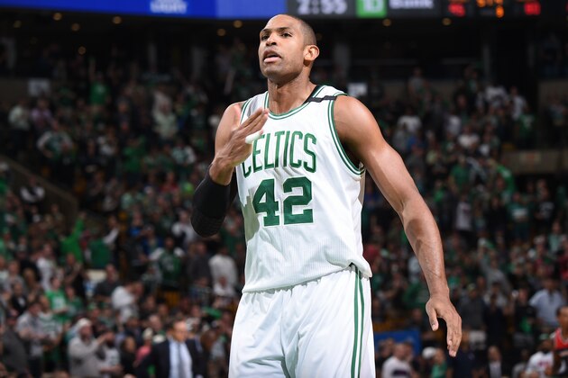 BOSTON, MA - APRIL 30: Al Horford #42 of the Boston Celtics reacts during the game against the Boston Celtics in Game One of the Eastern Conference Semifinals of the 2017 NBA Playoffs on April 30, 2017 at the TD Garden in Boston, Massachusetts. NOTE TO USER: User expressly acknowledges and agrees that, by downloading and or using this photograph, User is consenting to the terms and conditions of the Getty Images License Agreement. Mandatory Copyright Notice: Copyright 2017 NBAE  (Photo by Brian Babineau/NBAE via Getty Images)
