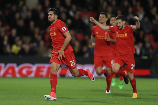WATFORD, ENGLAND - MAY 01:  Emre Can of Liverpool celebrates after scoring the opening goal during the Premier League match between Watford and Liverpool at Vicarage Road on May 1, 2017 in Watford, England.  (Photo by Richard Heathcote/Getty Images)