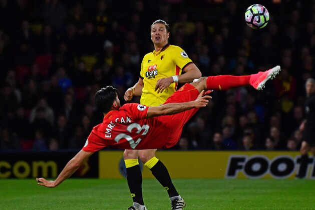 WATFORD, ENGLAND - MAY 01:  Emre Can of Liverpool scores the opening goal during the Premier League match between Watford and Liverpool at Vicarage Road on May 1, 2017 in Watford, England.  (Photo by Dan Mullan/Getty Images)