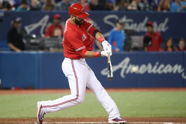 TORONTO, ON - APRIL 30: Jose Bautista #19 of the Toronto Blue Jays hits a single in the sixth inning during MLB game action against the Tampa Bay Rays at Rogers Centre on April 30, 2017 in Toronto, Canada. (Photo by Tom Szczerbowski/Getty Images)
