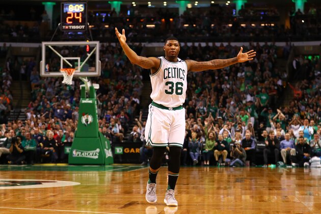 BOSTON, MA - APRIL 30: Marcus Smart #36 of the Boston Celtics reacts during the third quarter of Game One of the Eastern Conference Semifinals against the Washington Wizards at TD Garden on April 30, 2017 in Boston, Massachusetts. NOTE TO USER: User expressly acknowledges and agrees that, by downloading and or using this Photograph, user is consenting to the terms and conditions of the Getty Images License Agreement. (Photo by Maddie Meyer/Getty Images)