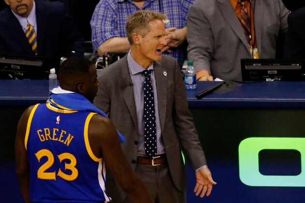 OKLAHOMA CITY, OK - MAY 22:  Head coach Steve Kerr of the Golden State Warriors and Draymond Green #23 react to a call in the second quarter against the Oklahoma City Thunder in game three of the Western Conference Finals during the 2016 NBA Playoffs at Chesapeake Energy Arena on May 22, 2016 in Oklahoma City, Oklahoma. NOTE TO USER: User expressly acknowledges and agrees that, by downloading and or using this photograph, User is consenting to the terms and conditions of the Getty Images License Agreement.  (Photo by J Pat Carter/Getty Images)