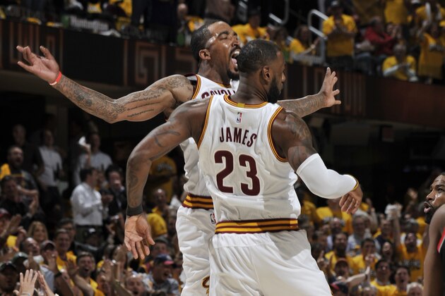 CLEVELAND, OH - MAY 1:  J.R. Smith #5 and LeBron James #23 of the Cleveland Cavaliers celebrate during Game One of the Eastern Conference Semifinals of the 2017 NBA Playoffs on May 1, 2017 at Quicken Loans Arena in Cleveland, Ohio. NOTE TO USER: User expressly acknowledges and agrees that, by downloading and/or using this photograph, user is consenting to the terms and conditions of the Getty Images License Agreement. Mandatory Copyright Notice: Copyright 2017 NBAE (Photo by David Liam Kyle/NBAE via Getty Images)