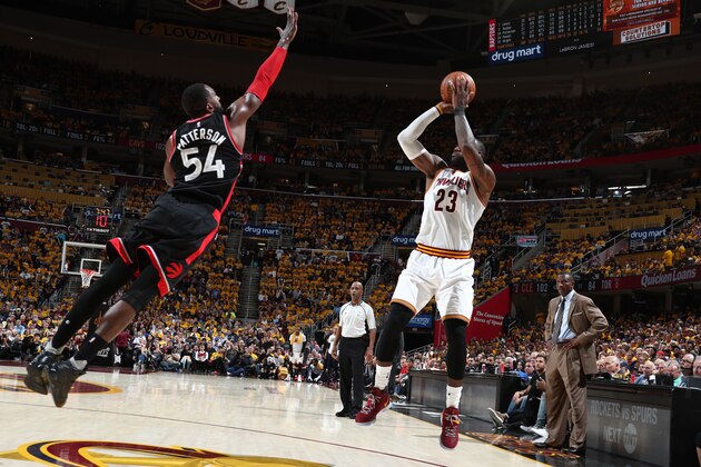 CLEVELAND, OH - MAY 1:  LeBron James #23 of the Cleveland Cavaliers shoots the ball against the Toronto Raptors in Game One of the Eastern Conference Semifinals of the 2017 NBA Playoffs on May 1, 2017 at Quicken Loans Arena in Cleveland, Ohio. NOTE TO USER: User expressly acknowledges and agrees that, by downloading and/or using this photograph, user is consenting to the terms and conditions of the Getty Images License Agreement. Mandatory Copyright Notice: Copyright 2017 NBAE (Photo by Nathaniel S. Butler/NBAE via Getty Images)