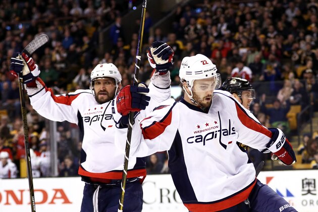 BOSTON, MA - APRIL 8: Kevin Shattenkirk #22 of the Washington Capitals celebrates with Alex Ovechkin #8 after scoring against the Boston Bruins during the second period at TD Garden on April 8, 2017 in Boston, Massachusetts.  (Photo by Maddie Meyer/Getty Images)