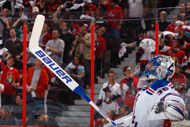 OTTAWA, ON - APRIL 27:  Henrik Lundqvist #30 of the New York Rangers reacts after allowing a second period power-play goal by the Ottawa Senators in Game One of the Eastern Conference Second Round during the 2017 NHL Stanley Cup Playoffs at Canadian Tire Centre on April 27, 2017 in Ottawa, Ontario, Canada.  (Photo by Jana Chytilova/Freestyle Photography/Getty Images) *** Local Caption ***