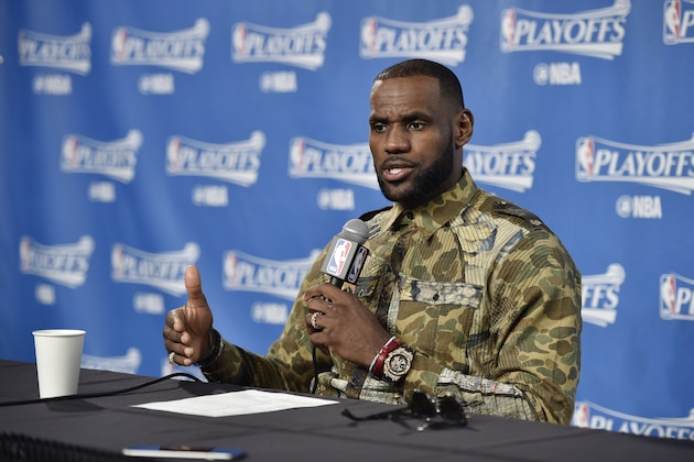 CLEVELAND, OH - MAY 1:  LeBron James #23 of the Cleveland Cavaliers speaks to the media after Game One of the Eastern Conference Semifinals of the 2017 NBA Playoffs on May 1, 2017 at Quicken Loans Arena in Cleveland, Ohio. NOTE TO USER: User expressly acknowledges and agrees that, by downloading and/or using this photograph, user is consenting to the terms and conditions of the Getty Images License Agreement. Mandatory Copyright Notice: Copyright 2017 NBAE (Photo by David Liam Kyle/NBAE via Getty Images)