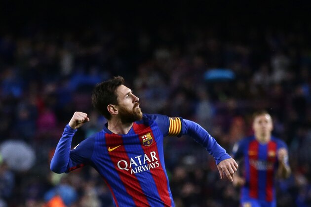 FC Barcelona's Lionel Messi celebrates after scoring during the Spanish La Liga soccer match between FC Barcelona and Osasuna at the Camp Nou stadium in Barcelona, Spain, Wednesday, April 26, 2017. (AP Photo/Manu Fernandez)