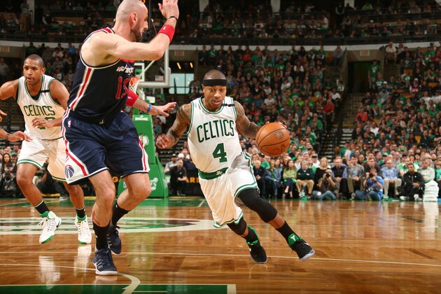 BOSTON, MA -  APRIL 30: Isaiah Thomas #4 of the Boston Celtics drives to the basket against the Washington Wizards in Game One of the Eastern Conference Semifinals of the 2017 NBA Playoffs on April 30, 2016 at TD Garden in Boston, Massachusetts. NOTE TO USER: User expressly acknowledges and agrees that, by downloading and or using this Photograph, user is consenting to the terms and conditions of the Getty Images License Agreement. Mandatory Copyright Notice: Copyright 2017 NBAE (Photo by Ned Dishman/NBAE via Getty Images)