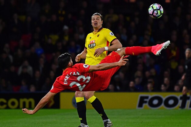 WATFORD, ENGLAND - MAY 01:  Emre Can of Liverpool scores the opening goal during the Premier League match between Watford and Liverpool at Vicarage Road on May 1, 2017 in Watford, England.  (Photo by Dan Mullan/Getty Images)