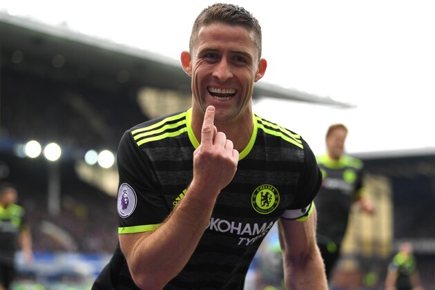 LIVERPOOL, ENGLAND - APRIL 30:  Gary Cahill of Chelsea celebrates scoring his sides second goal during the Premier League match between Everton and Chelsea at Goodison Park on April 30, 2017 in Liverpool, England.  (Photo by Laurence Griffiths/Getty Images)
