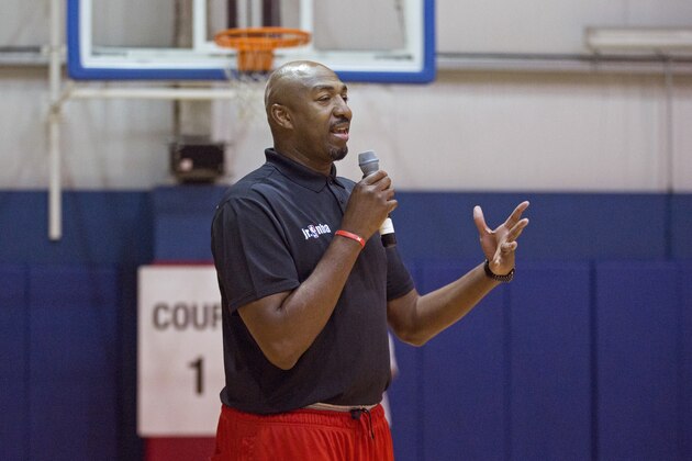 STAMFORD, CT - JUNE 5:  Former NBA player, Vin Baker talks to kids during the Jr. NBA skills competition regional finals held at Chelsea Piers in Stamford, Connecticut on June 5, 2016. NOTE TO USER: User expressly acknowledges and agrees that, by downloading and or using this photograph, User is consenting to the terms and conditions of the Getty Images License Agreement. Mandatory Copyright Notice: Copyright 2016 NBAE (Photo by Steven Freeman/NBAE via Getty Images)