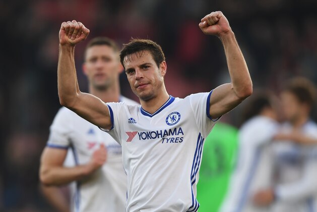 BOURNEMOUTH, ENGLAND - APRIL 08:  Cesar Azpilicueta of Chelsea shows appreciation to the fans after the Premier League match between AFC Bournemouth and Chelsea at Vitality Stadium on April 8, 2017 in Bournemouth, England.  (Photo by Mike Hewitt/Getty Images)