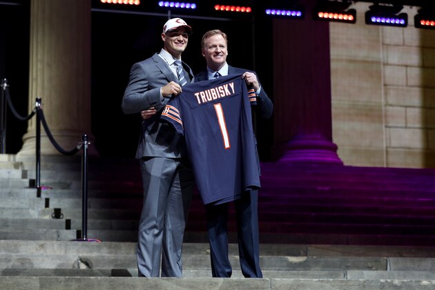 PHILADELPHIA, PA - APRIL 27:  (L-R) Mitchell Trubisky of North Carolina poses with Commissioner of the National Football League Roger Goodell after being picked #2 overall by the Chicago Bears (from 49ers) during the first round of the 2017 NFL Draft at the Philadelphia Museum of Art on April 27, 2017 in Philadelphia, Pennsylvania.  (Photo by Elsa/Getty Images)