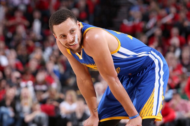 PORTLAND, OR - APRIL 24:  Stephen Curry #30 of the Golden State Warriors looks on during the game against the Portland Trail Blazers during Game Four of the Western Conference Quarterfinals of the 2017 NBA Playoffs on April 24, 2017 at the Moda Center in Portland, Oregon. NOTE TO USER: User expressly acknowledges and agrees that, by downloading and or using this Photograph, user is consenting to the terms and conditions of the Getty Images License Agreement. Mandatory Copyright Notice: Copyright 2017 NBAE (Photo by Sam Forencich/NBAE via Getty Images)
