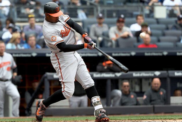 NEW YORK, NY - APRIL 30:  Adam Jones #10 of the Baltimore Orioles hits an RBI single in the third inning against the New York Yankees on April 30, 2017 at Yankee Stadium in the Bronx borough of New York City.  (Photo by Elsa/Getty Images)