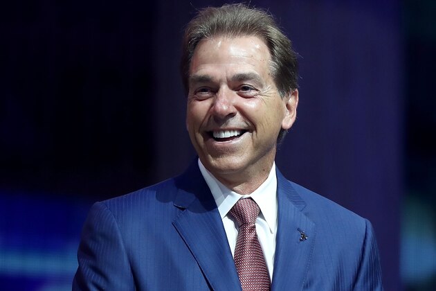 PHILADELPHIA, PA - APRIL 27:  Nick Saban, head football coach at the University of Alabama, poses on stage prior to the first round of the 2017 NFL Draft at the Philadelphia Museum of Art on April 27, 2017 in Philadelphia, Pennsylvania.  (Photo by Elsa/Getty Images)