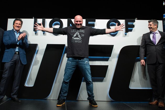LAS VEGAS, NV - MARCH 03:  (L-R) Dan Beckerman, AEG President and CEO, Bill Hornbuckle, MGM Resorts International President, UFC President Dana White, Rick Aprin, MGM Resorts International, and Todd Goldstein, AEG Chief Revenue Officer unveils T-Mobile as the new home of the UFC at T-Mobile arena on March 3, 2017 in Las Vegas, Nevada. (Photo by Brandon Magnus/Zuffa LLC/Zuffa LLC via Getty Images)