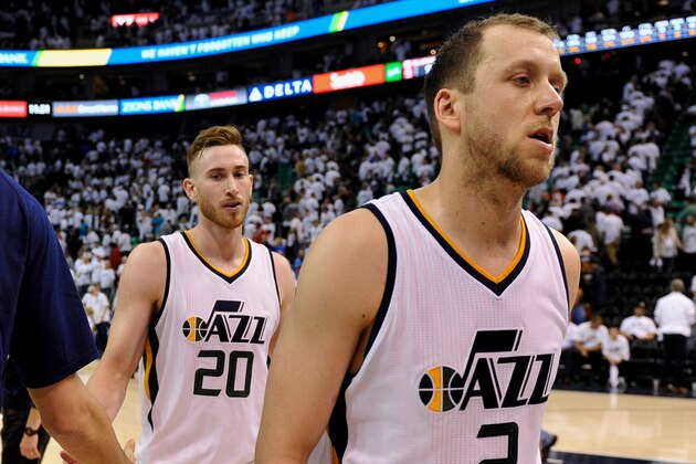 SALT LAKE CITY, UT - APRIL 28: Joe Ingles #2 and Gordon Hayward #20 of the Utah Jazz walk off the court after their 98-93 loss to Los Angeles Clippers in Game Six of the Western Conference Quarterfinals during the 2017 NBA Playoffs at Vivint Smart Home Arena on April 28, 2017 in Salt Lake City, Utah. NOTE TO USER: User expressly acknowledges and agrees that, by downloading and or using this photograph, User is consenting to the terms and conditions of the Getty Images License Agreement. (Photo by Gene Sweeney Jr/Getty Images)