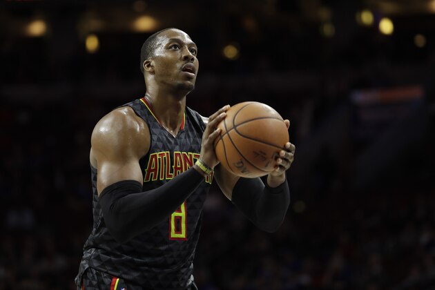 Atlanta Hawks' Dwight Howard in action during an NBA basketball game against the Philadelphia 76ers, Wednesday, March 29, 2017, in Philadelphia. (AP Photo/Matt Slocum)