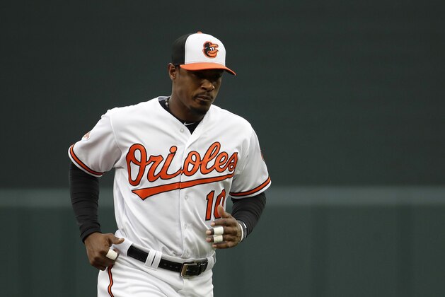 Baltimore Orioles center fielder Adam Jones walks on the field before a baseball game against the Tampa Bay Rays in Baltimore, Tuesday, April 25, 2017. (AP Photo/Patrick Semansky)