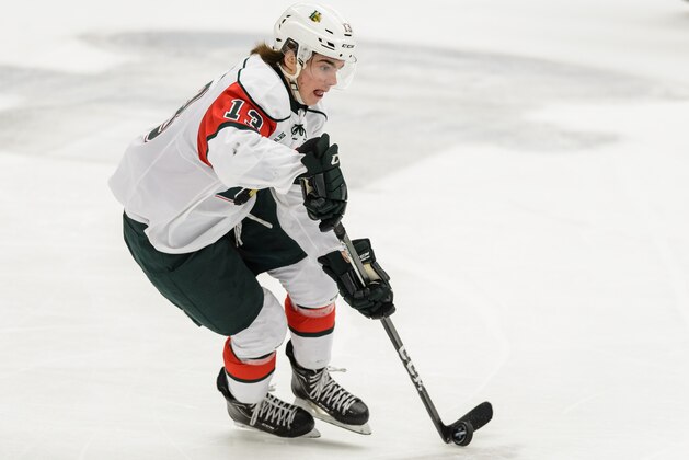 BOISBRIAND, QC - OCTOBER 15:  Nico Hischier #13 of the Halifax Mooseheads skates the puck during the QMJHL game against the Blainville-Boisbriand Armada at the Centre d'Excellence Sports Rousseau on October 15, 2016 in Boisbriand, Quebec, Canada.  The Blainville-Boisbriand Armada defeated the Halifax Mooseheads 4-2.  (Photo by Minas Panagiotakis/Getty Images)