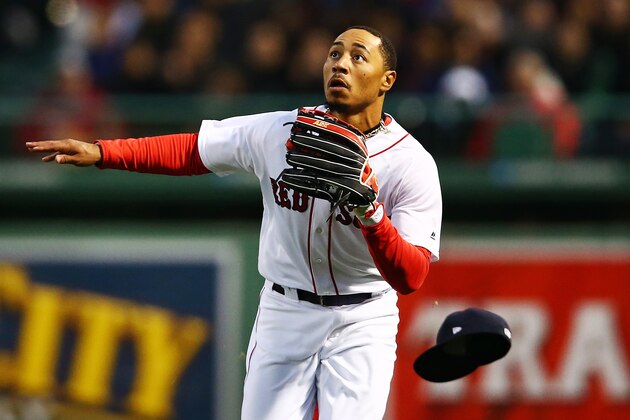 BOSTON, MA - MAY 01:  Mookie Betts #50 of the Boston Red Sox loses his hat as he runs for a fly ball in the second inning of a game against the Baltimore Orioles at Fenway Park on May 1, 2017 in Boston, Massachusetts.  (Photo by Adam Glanzman/Getty Images)