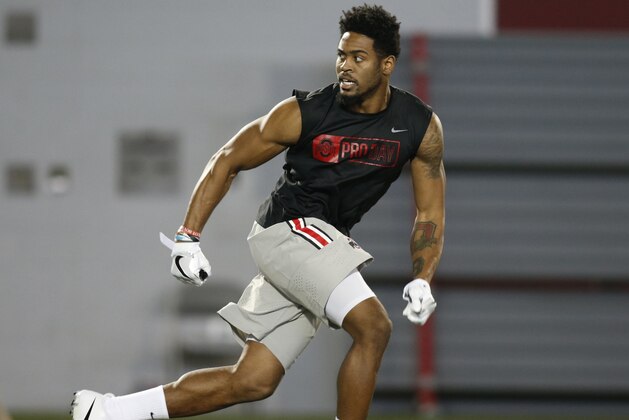 Cornerback Gareon Conley runs a drill during football Pro Day at Ohio State University in Columbus, Ohio, Thursday, March 23, 2017. (AP Photo/Paul Vernon)