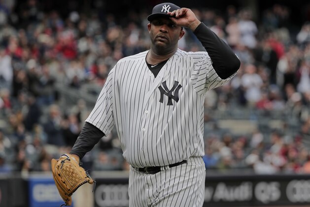 New York Yankees pitcher CC Sabathia acknowledges applause from the crowd as he walks off the field during the eighth inning of a baseball game against the St. Louis Cardinals, Saturday, April 15, 2017, in New York. The Yankees won 3-2. (AP Photo/Julie Jacobson)