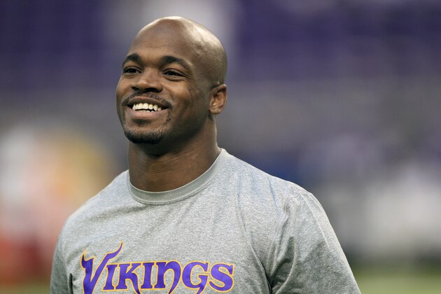 FILE - In this Dec. 18, 2016, file photo, Minnesota Vikings running back Adrian Peterson warms up before the start of an NFL football game against the Indianapolis Colts, in Minneapolis. Free-agent running back Adrian Peterson has reportedly agreed to a two-year contract with the New Orleans Saints. The Saints have not announced a deal, but Peterson tells ESPN in a statement that he's agreed to play in New Orleans. (AP Photo/Andy Clayton-King, File)
