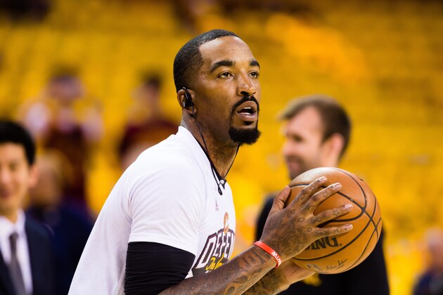 CLEVELAND, OH - MAY 1: JR Smith #5 of the Cleveland Cavaliers warms put prior to the start of Game One of the NBA Eastern Conference semifinals against the Toronto Raptors at Quicken Loans Arena on May 1, 2017 in Cleveland, Ohio. NOTE TO USER: User expressly acknowledges and agrees that, by downloading and or using this photograph, User is consenting to the terms and conditions of the Getty Images License Agreement. (Photo by Jason Miller/Getty Images)