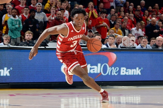 COLLEGE PARK, MD - JANUARY 10: OG Anunoby #3 of the Indiana Hoosiers handles the ball against the Maryland Terrapins at Xfinity Center on January 10, 2017 in College Park, Maryland.  (Photo by G Fiume/Maryland Terrapins/Getty Images)