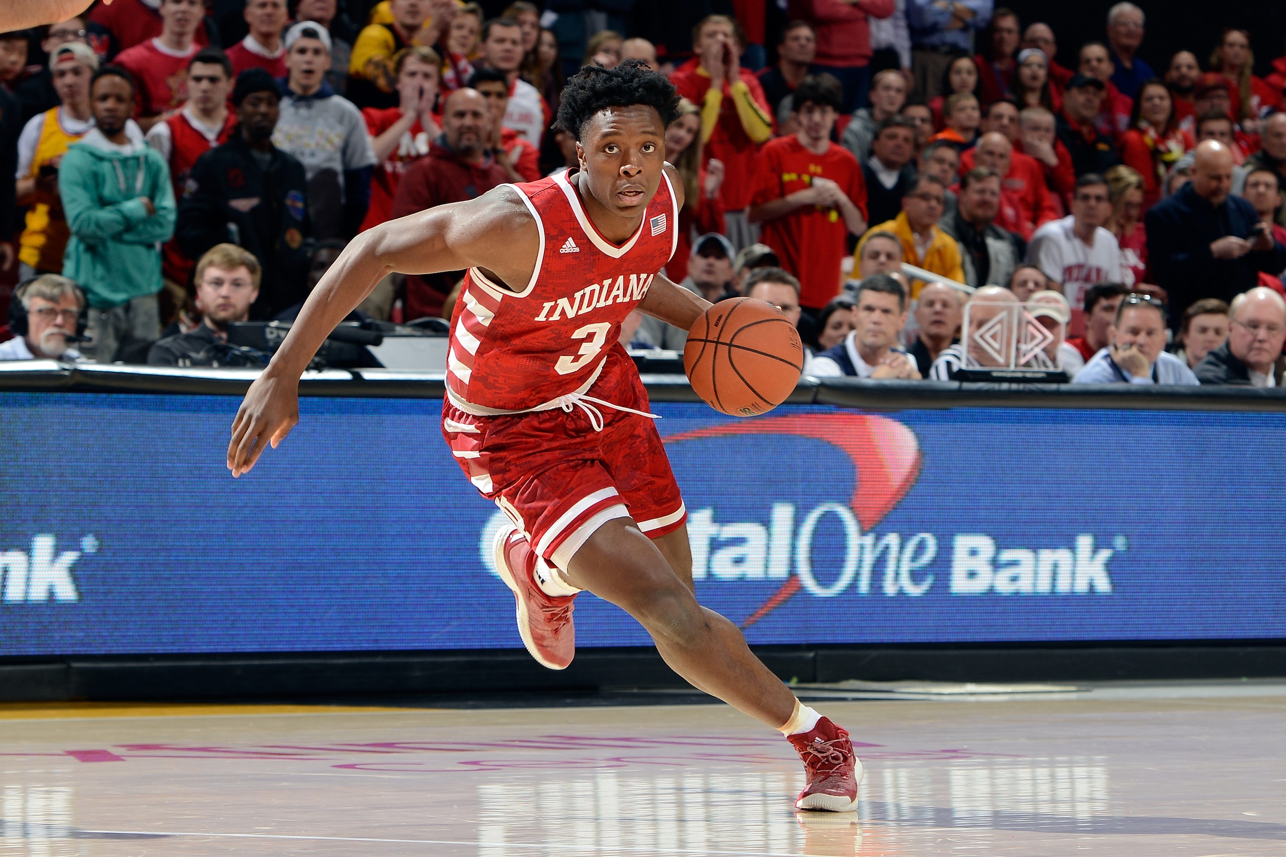 COLLEGE PARK, MD - JANUARY 10: OG Anunoby #3 of the Indiana Hoosiers handles the ball against the Maryland Terrapins at Xfinity Center on January 10, 2017 in College Park, Maryland.  (Photo by G Fiume/Maryland Terrapins/Getty Images)